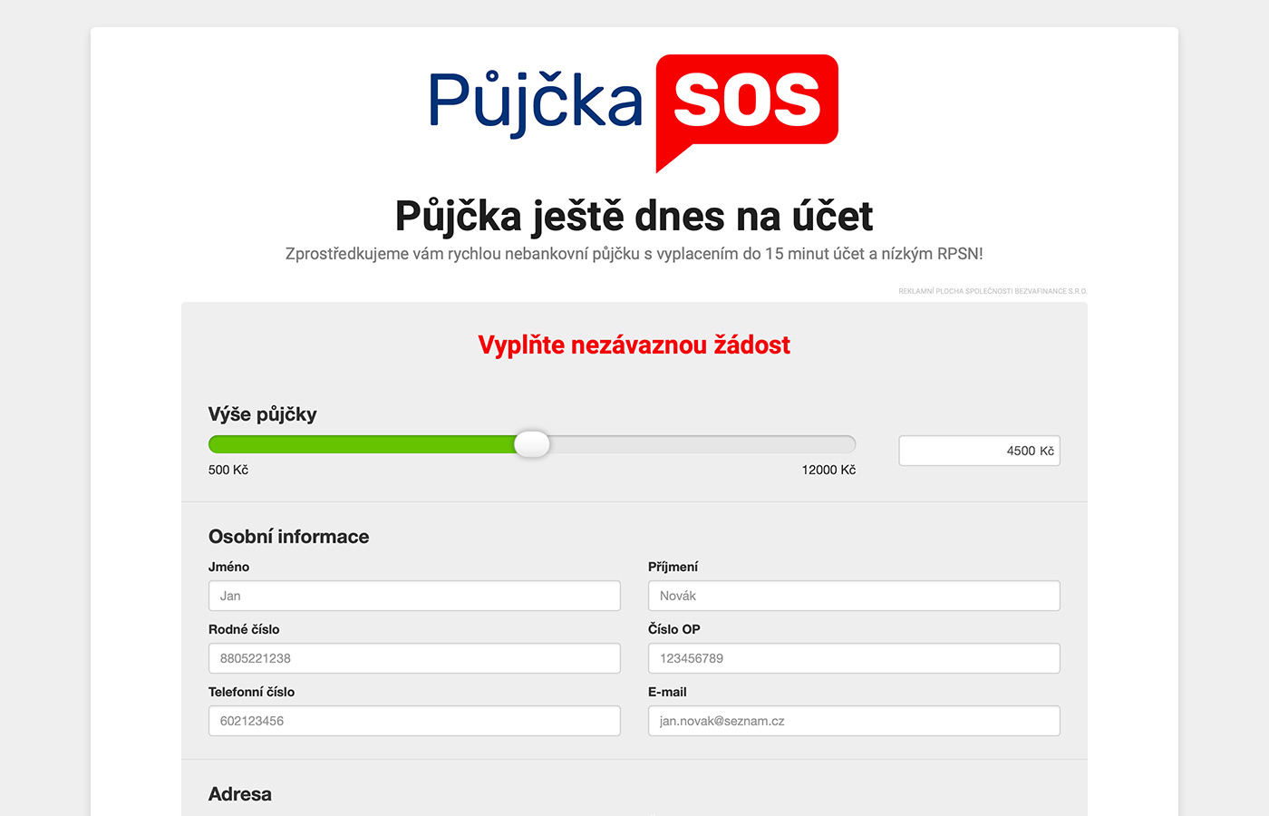 Webové stránky https://www.pujckasos.cz